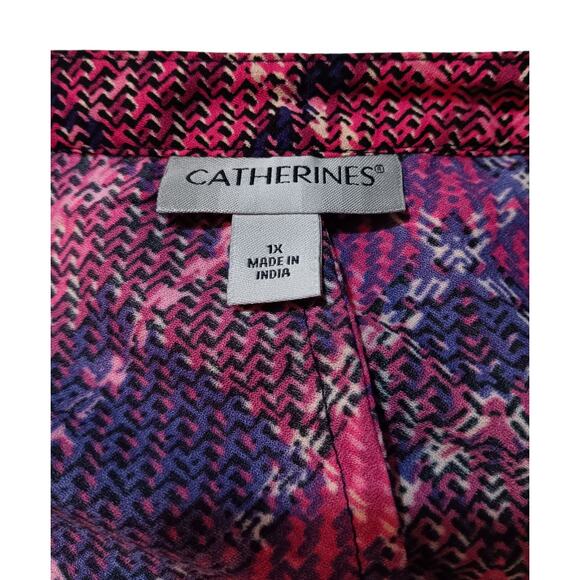 CATHERINES Blouse Tunic Top Plus 1X Career Office Dressy Tie Cuffs Pink Purple - Picture 5 of 9